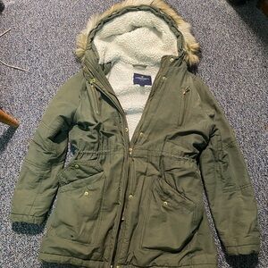 American Eagle Outfitters Olive Jacket with Faux Fur Lining
